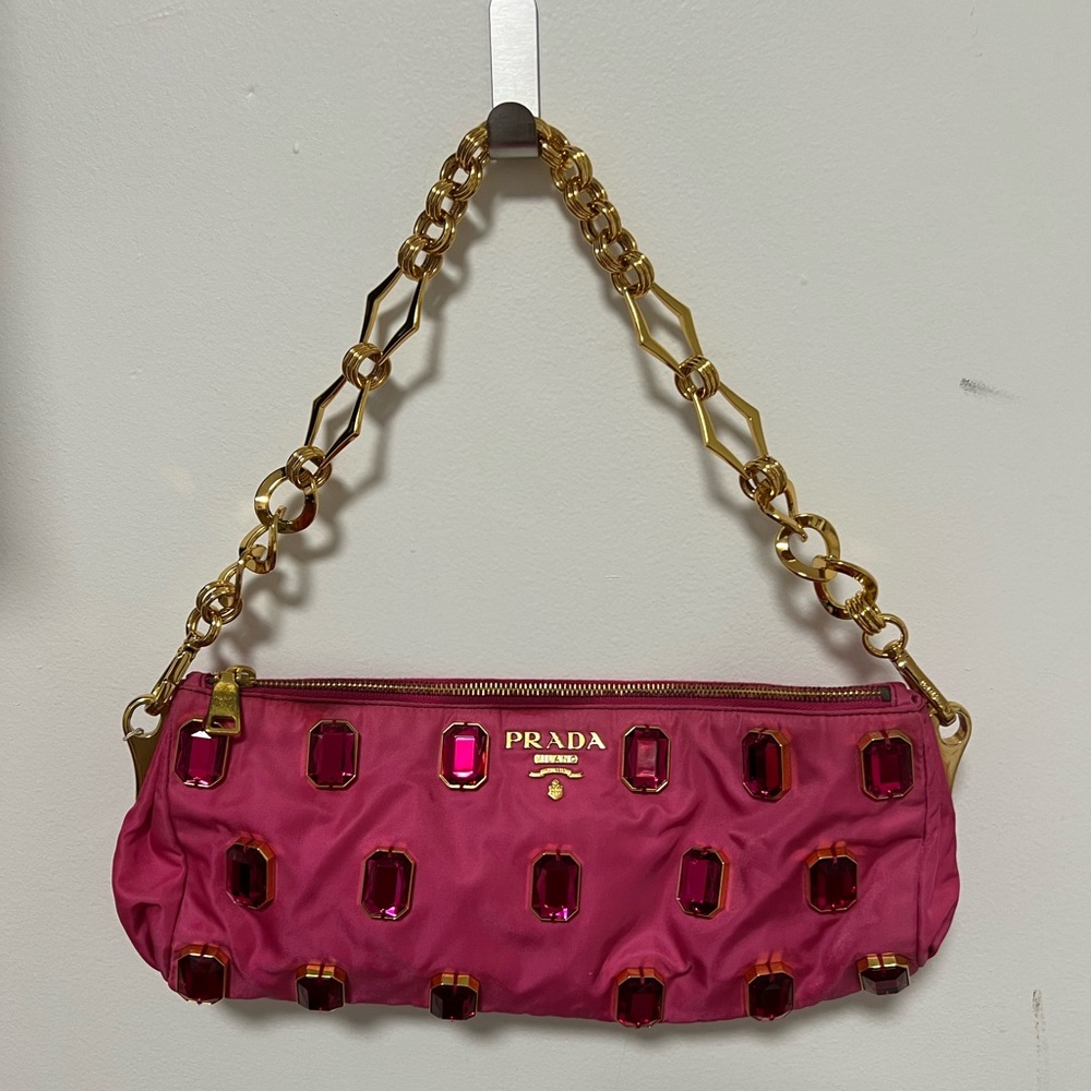 Brand New Authentic Prada Clutch Purse In Bright Pink-Medium Size-Gold Strap
